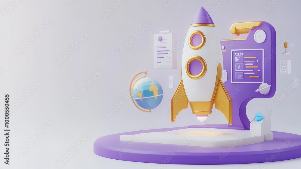 Poster a stylized rocket launchpad with a globe and digital interface, representing innovation.