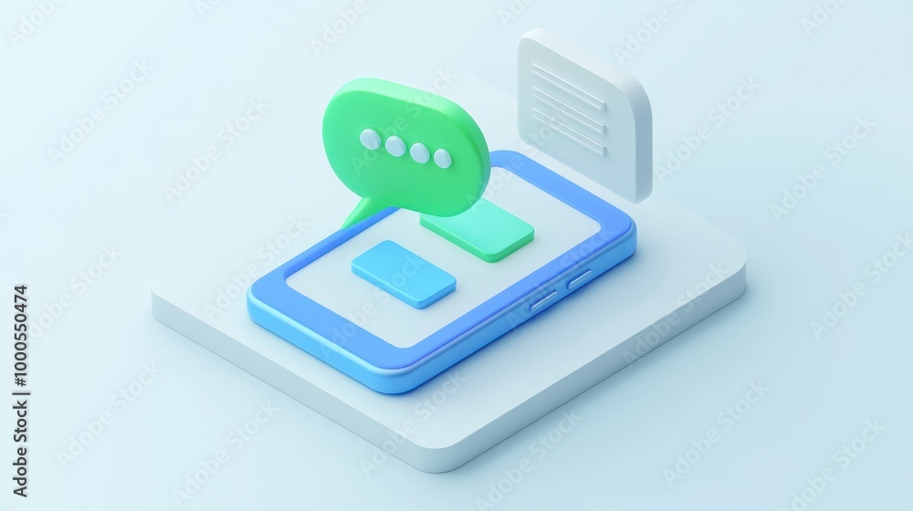 Poster 3d illustration of a smartphone with a chat bubble and interface elements.