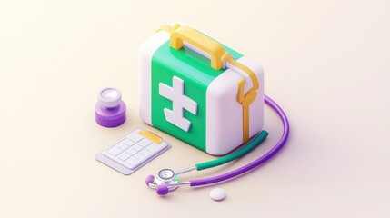 A colorful first aid kit with medical tools for health and emergency care.