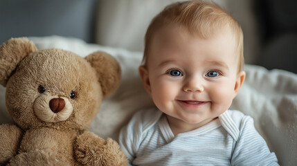 A photostock image of a baby smiling with a plush toy