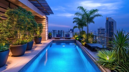 A luxurious rooftop pool area with greenery and city skyline at dusk.