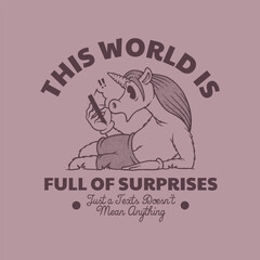 retro cartoon emblem of shocked unicorn holding smartphone
