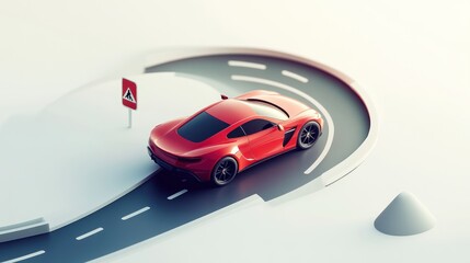 A sleek red sports car navigating a curved road with a caution sign.