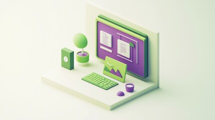 A stylized workspace featuring a computer, keyboard, plants, and decorative elements.