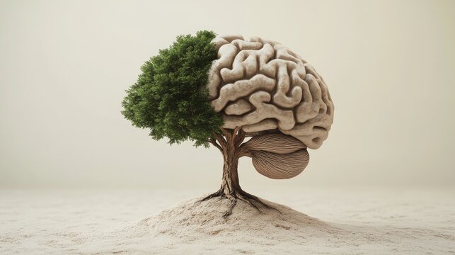 A brain with a tree growing from it, symbolizing mental growth, healing, and resilience