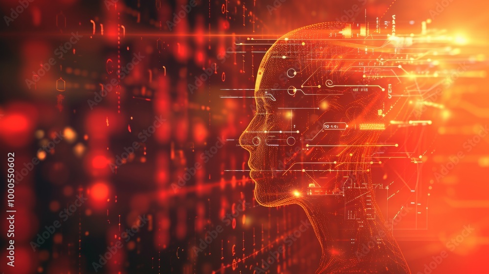 Poster a glowing human head silhouette is overlaid with streams of binary data, symbolizing artificial inte