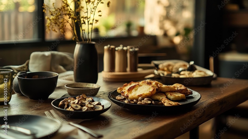 Poster A cozy dining setup featuring various dishes on a wooden table.