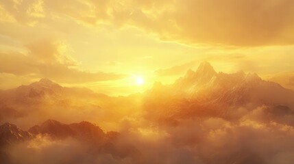 Fototapeta premium A glowing golden sky with soft clouds and the first rays of sunlight over a mountain range at dawn