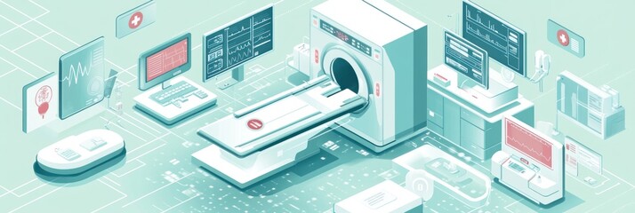 A digital illustration of a medical imaging setup with various screens and equipment.
