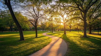 Fototapeta premium A serene park scene with a winding path, trees, and sunlight filtering through foliage.