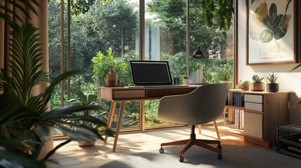 Fototapeta premium A home office work desk with a laptop, comfortable chair, and a window view of the garden for a refreshing environment