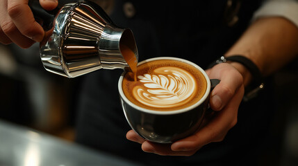 A photostock image of a barista making latte art in a minimalist café
