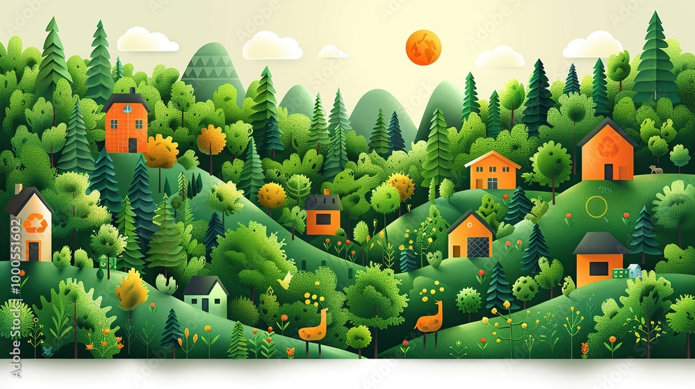 Canvas Prints Graphic showing climate change mitigation strategies, with communities adopting energy-efficient practices, green building, and recycling to reduce their impact. High resolution Illustration, in the