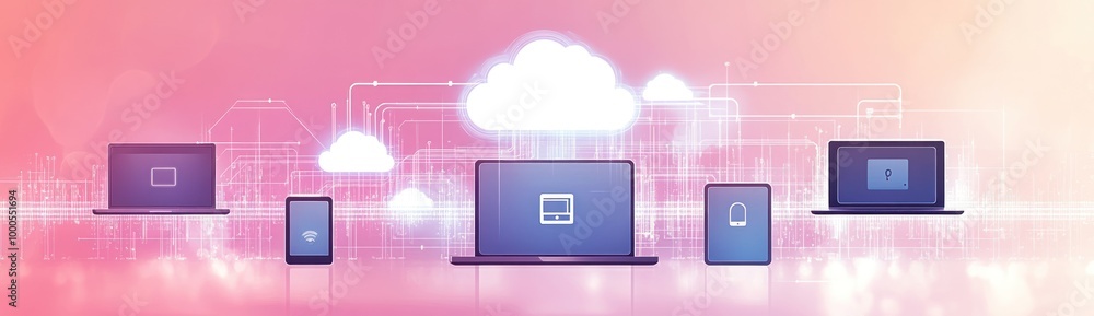 Poster digital devices connected to a cloud network, symbolizing data storage and connectivity.
