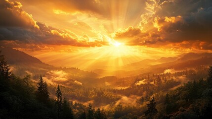 A majestic golden sky at sunrise with sunbeams breaking through clouds, illuminating a forested landscape