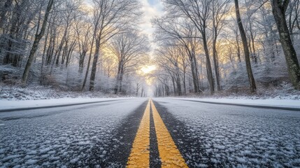 A snow-covered road flanked by trees, illuminated by a soft sunrise.