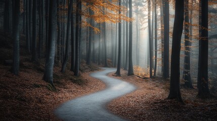 Fototapeta premium A winding path through a misty forest with autumn foliage.