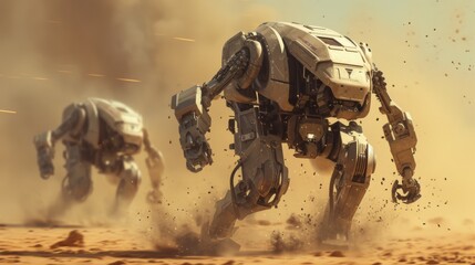 Obraz premium Two large combat robots move steadily through a sandy battlefield, their metallic exteriors reflecting power and durability. Dust and sparks fly as they engage in a high-tech warfare scenario.