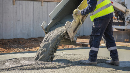 A man is pouring concrete into a hole. The concrete is coming out of a bucket. The man is wearing a yellow vest © Hound