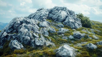 A rocky hillside covered with large, jagged stones, creating a rugged and untamed landscape