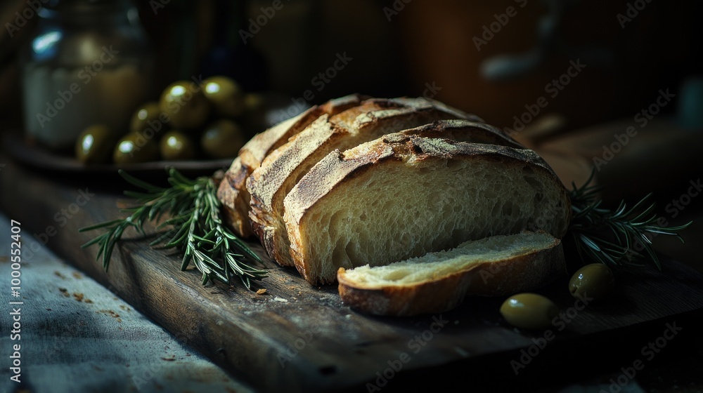 Wall mural A rustic loaf of bread on a wooden board with olives and rosemary, evoking a cozy atmosphere.