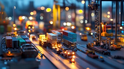 Fototapeta premium A miniature scene depicting a busy shipping port with containers and vehicles at dusk.