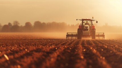 Fototapeta premium A tractor moves across a vast field as the sun sets, creating an atmospheric and serene scene of farmland preparation. The image captures the dedication and rhythm of farming life.