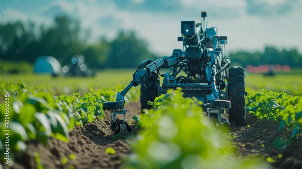 Poster a futuristic agricultural robot working in a lush green field, tending to crops with precision. this