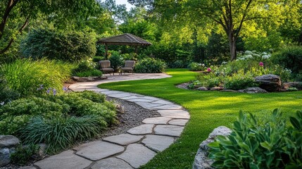 A smooth stone pathway in a peaceful garden, leading to a serene sitting area
