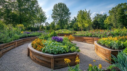Obraz premium Radially arranged raised beds in a circular vegetable garden, filled with diverse plants and crops, beautifully aligned under clear blue skies