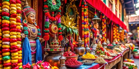 Vibrant Display of Traditional Nepali Culture Through Festive Decorations and Intricate Artifacts