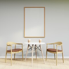 Mockup frame on table in living room interior on empty white wall background.