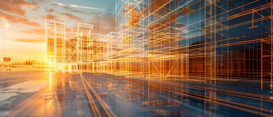 Fototapeta premium Abstract cityscape with futuristic design and vibrant colors at sunset, showcasing modern architecture and dynamic light trails.