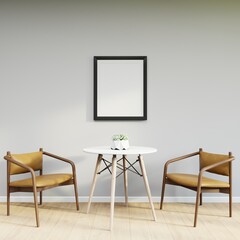 Mockup frame on table in living room interior on empty white wall background.