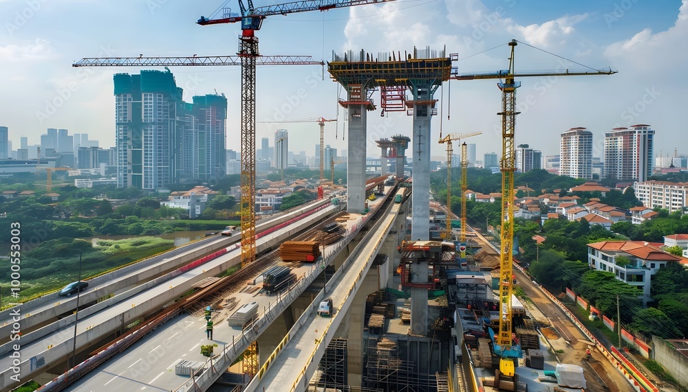 Poster aerial view of a construction site with cranes and highway, showcasing urban development and infrast