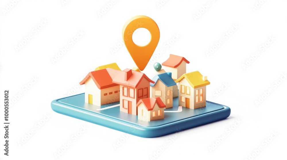 Poster a colorful 3d representation of houses with a location pin, symbolizing mapping and navigation.