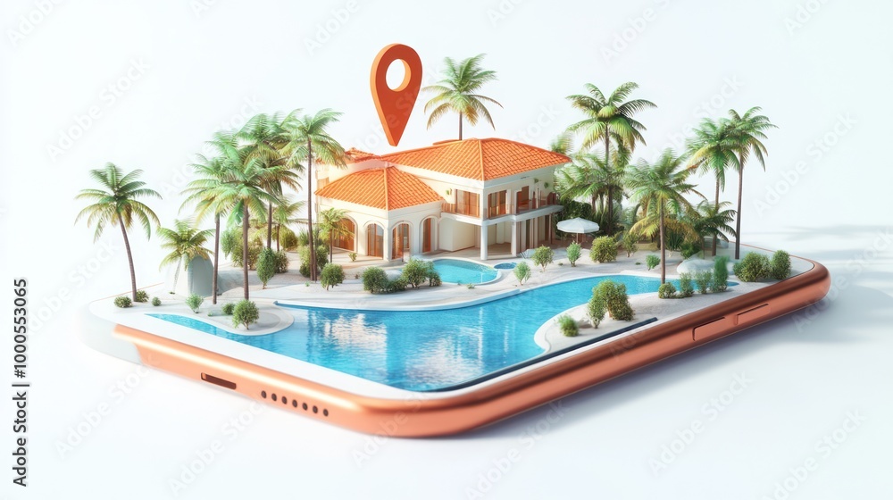 Poster a smartphone displaying a 3d model of a luxurious villa with a pool and palm trees.