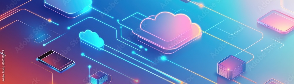 Poster digital illustration of cloud computing with devices and data flow.