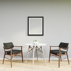 Mockup frame on table in living room interior on empty white wall background.