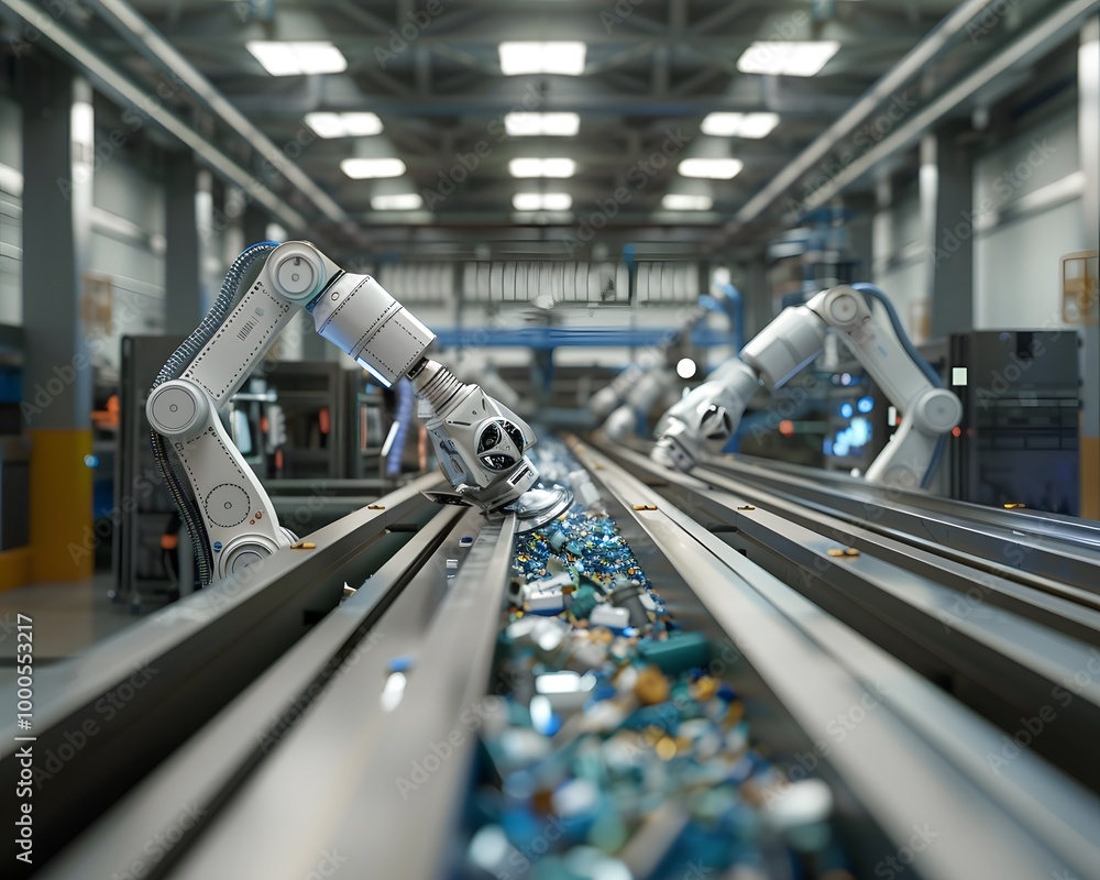 Poster automated robotic arms sorting materials in a high-tech factory environment, showcasing modern indus
