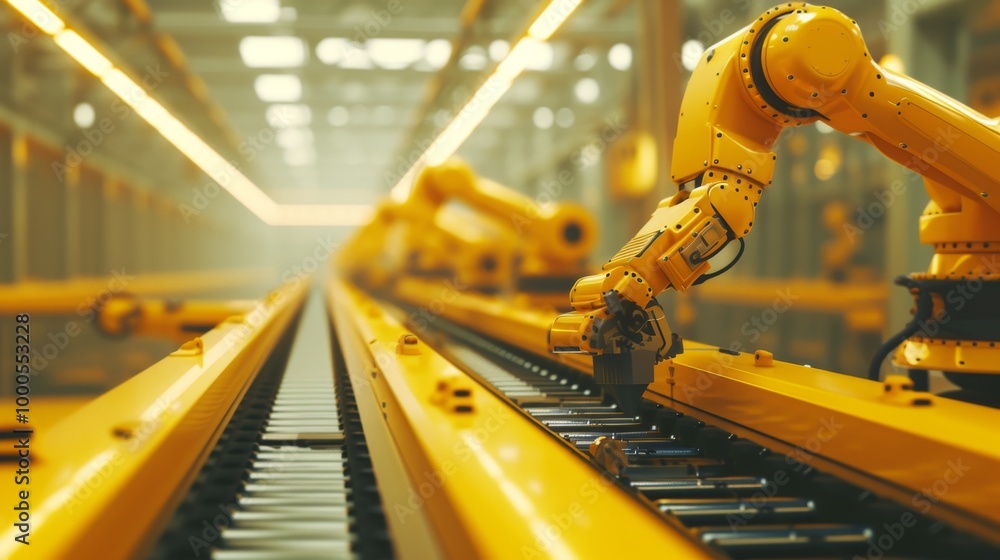 Poster several robotic arms efficiently operate on a factory production line, illustrating the role of adva