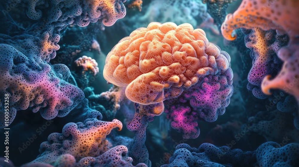 Poster abstract fractal patterns surrounding a brain, symbolizing complex mental processes and neural netwo