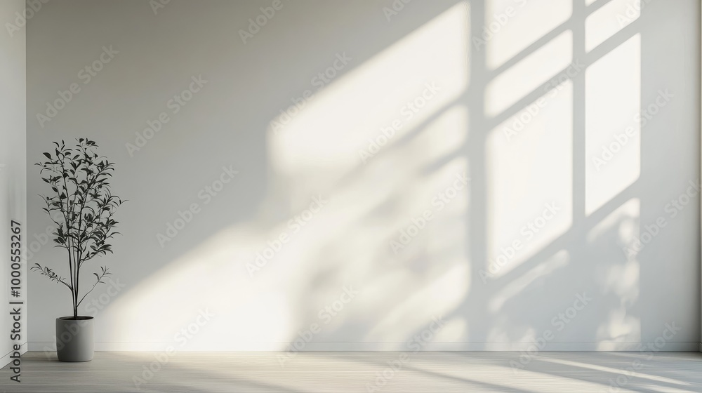 Poster abstract shadows on a clean white wall, with subtle light creating depth and interest in a modern sp