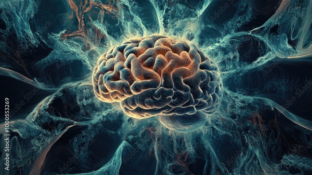 Poster abstract fractal patterns surrounding a brain, symbolizing complex mental processes and neural netwo