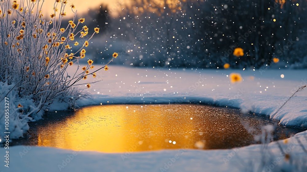Poster a partially frozen pond with snow falling in the background and a golden reflection in the water.