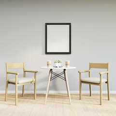 Mockup frame on table in living room interior on empty white wall background.