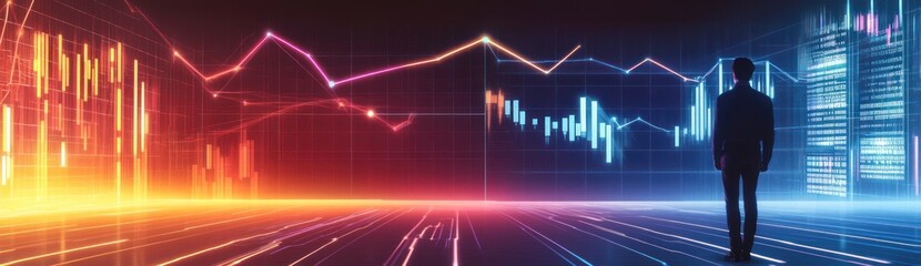 Naklejka premium A silhouette of a person analyzing digital financial graphs and data.