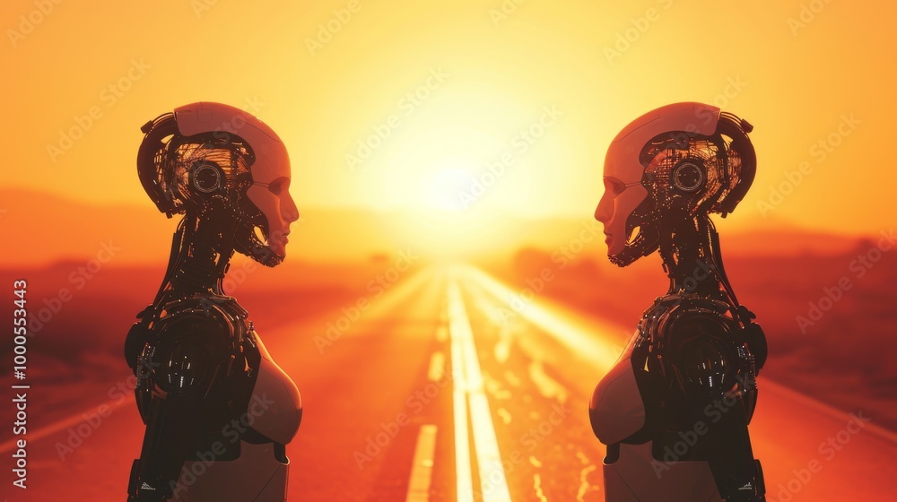 Poster two humanoid robots stand face-to-face on an empty road with a brilliant sunset in the background. t