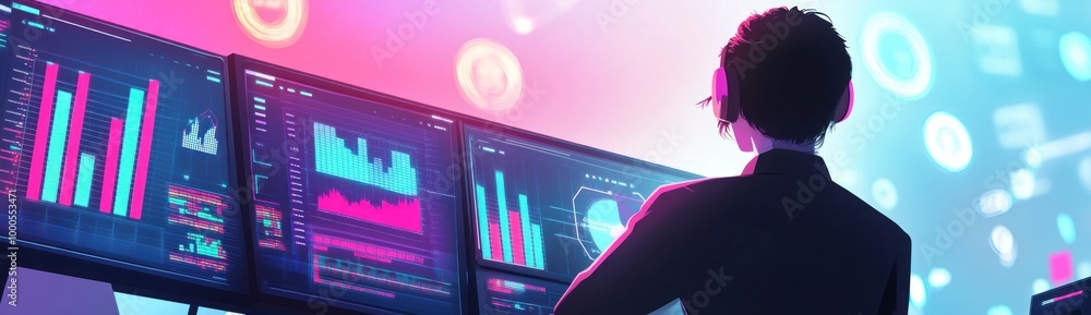 Poster a person analyzes data on multiple screens in a futuristic setting.