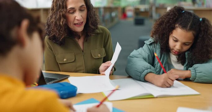 Woman, teacher and kids at school with teaching or help for assessment, task and lesson. Tutor, afterschool program and education with studying for exam or test preparation for brain development